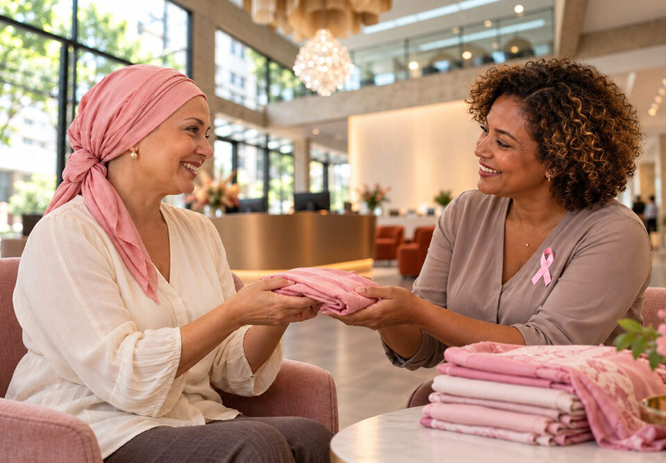 Campanha Outubro Rosa 2026 do Pelle Capelli para arrecadação de lenços destinados a mulheres em tratamento oncológico.